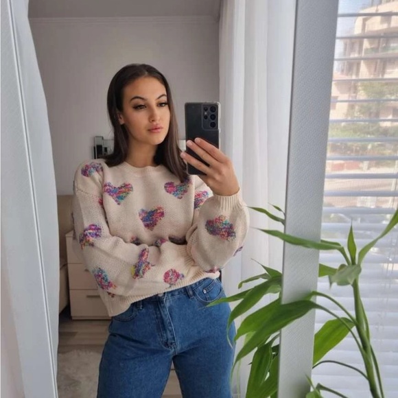 Sweater heart rainbow knit womens fuzzy cute - Picture 11 of 13